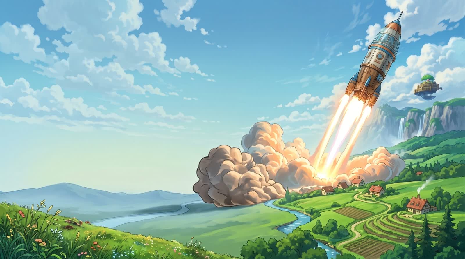 Illustration: a rocket climbing over a green valley