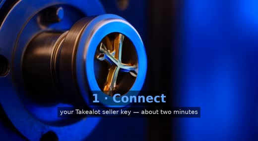 Explainer still: a key turning, captioned Connect your Takealot seller key